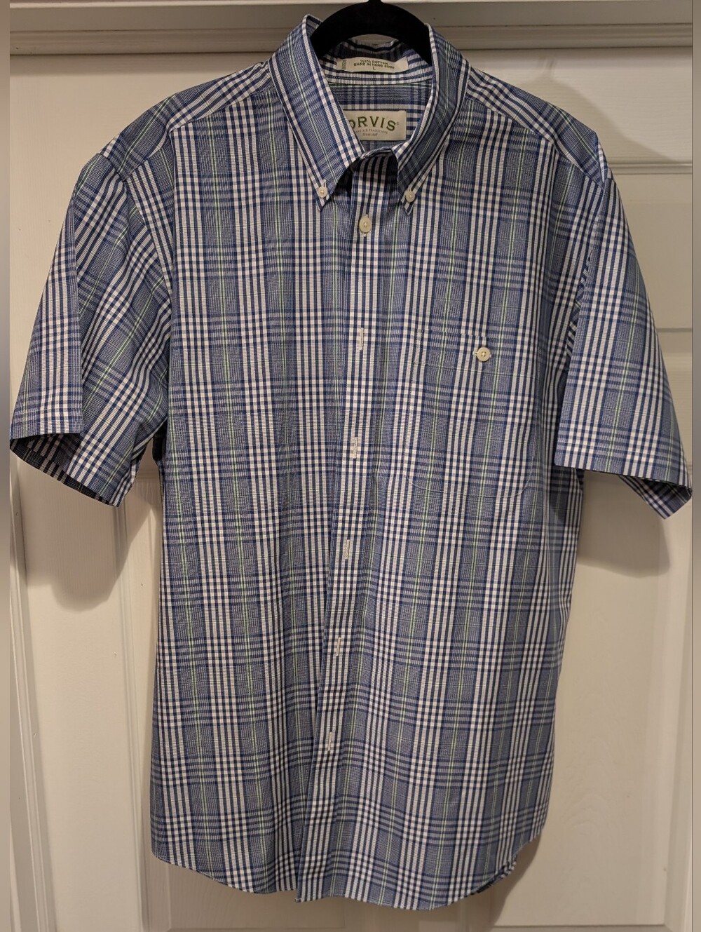 Orvis Men's Blue White & Green Plaid 100% Cotton Short Sleeve Button Down Shirt